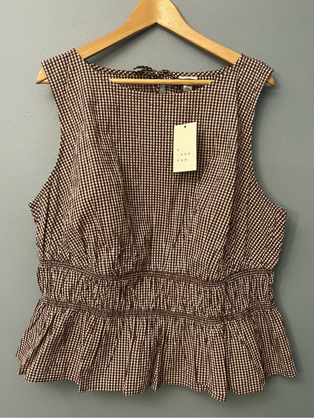 a new day Brown and White Gingham Peplum Tank Top